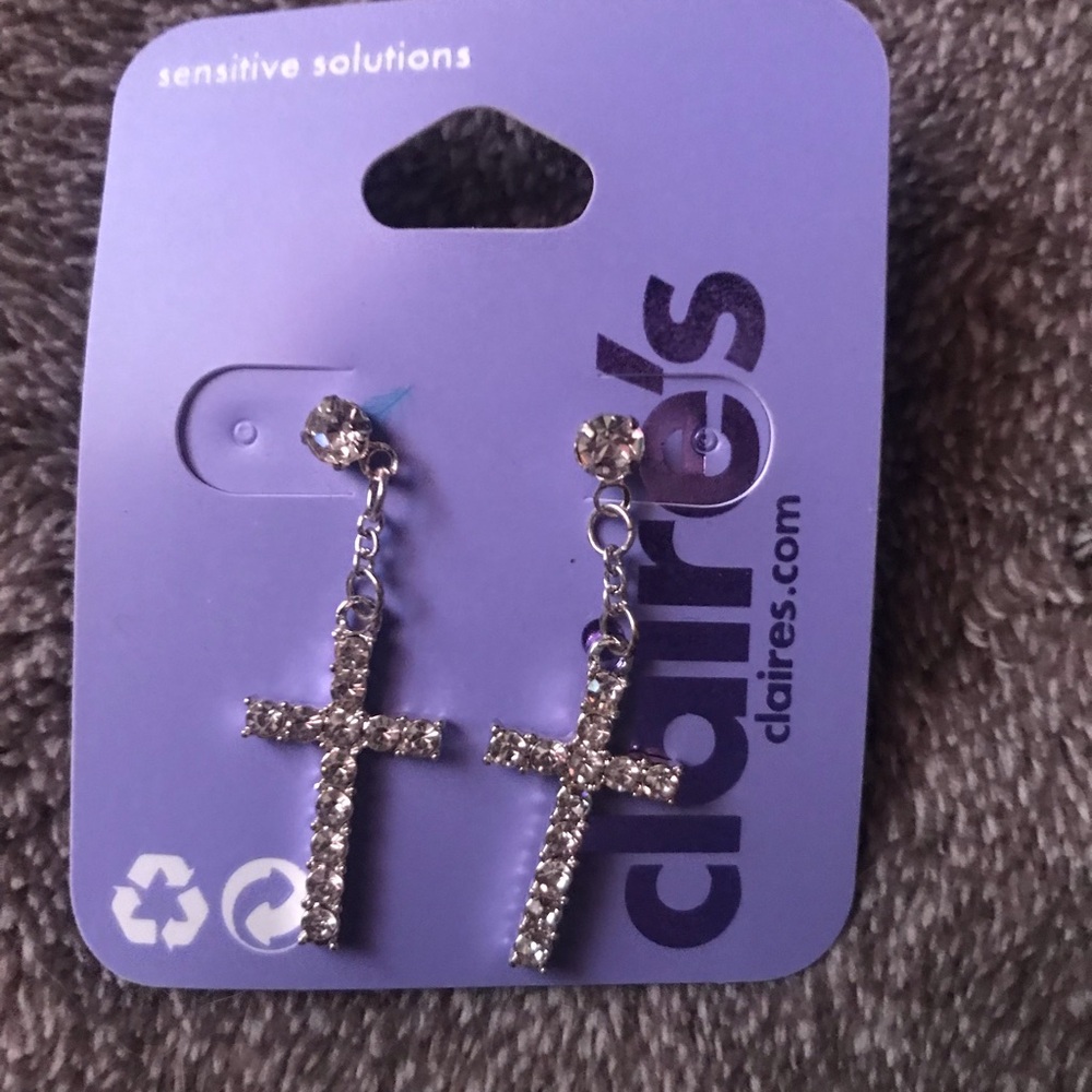 Claire's Silver Rhinestone Cross Earrings